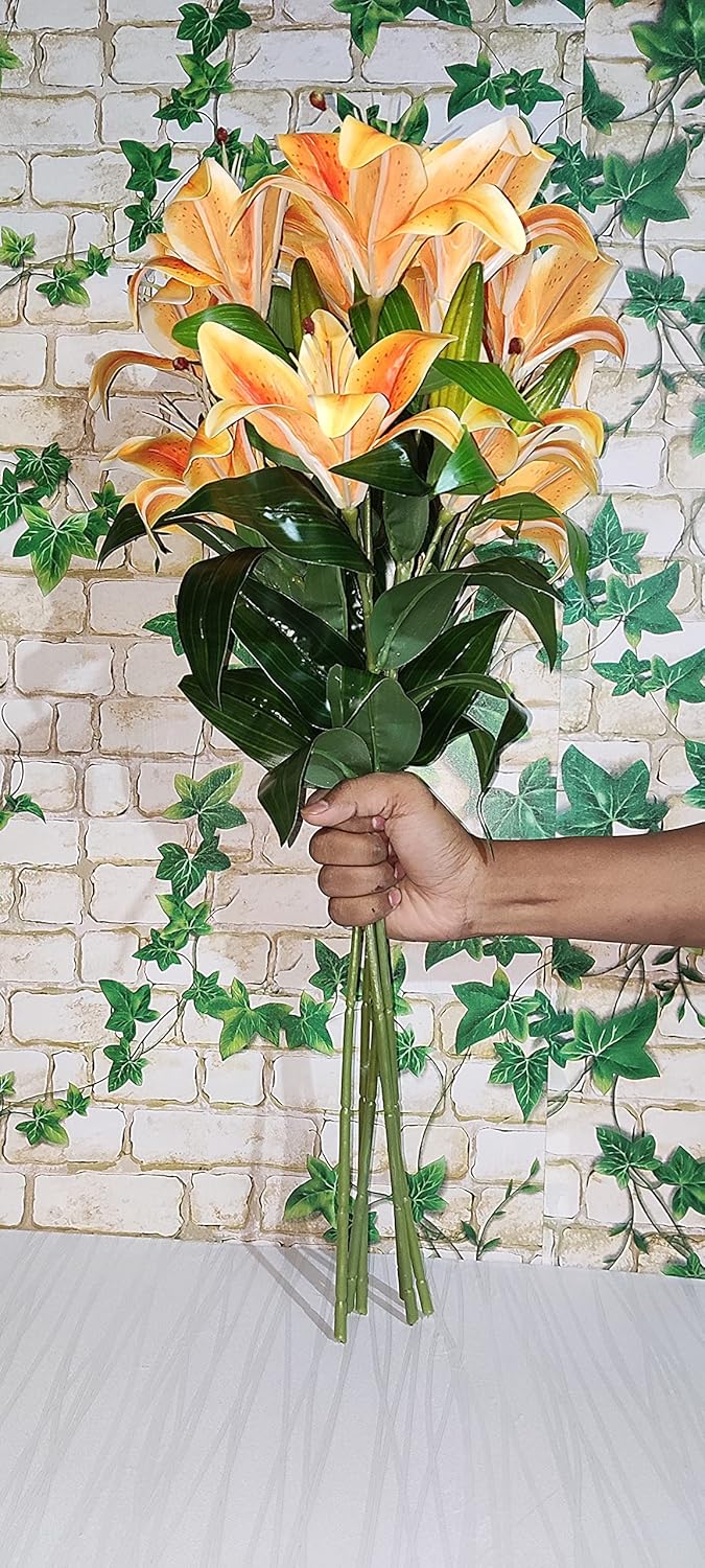 PlantaZee PlantaZee Artificial Flower for Home Decoration Lily Flower Bunch Long Size Stick Stem 2 Big Lily Flower Heads 2 Piece Orange  - Image 5