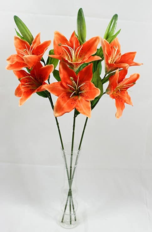 PlantaZee PlantaZee Artificial Flower for Home Decoration Lily Flower Bunch Long Size Stick Stem 2 Big Lily Flower Heads 2 Piece Orange  - Image 4