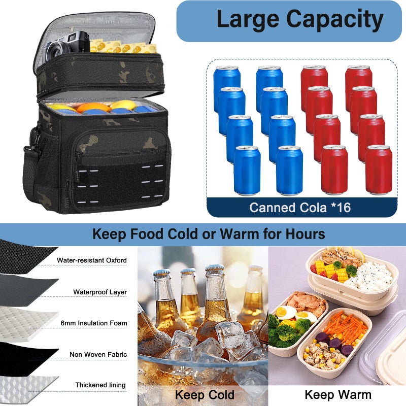 TENKIST Lunch Box Cooler Bag - Insulated Tactical Lunchbox for Men - Large Lunch Pail or Adults Work Outdoor Shifts Trips Black Camo 16L - Image 4