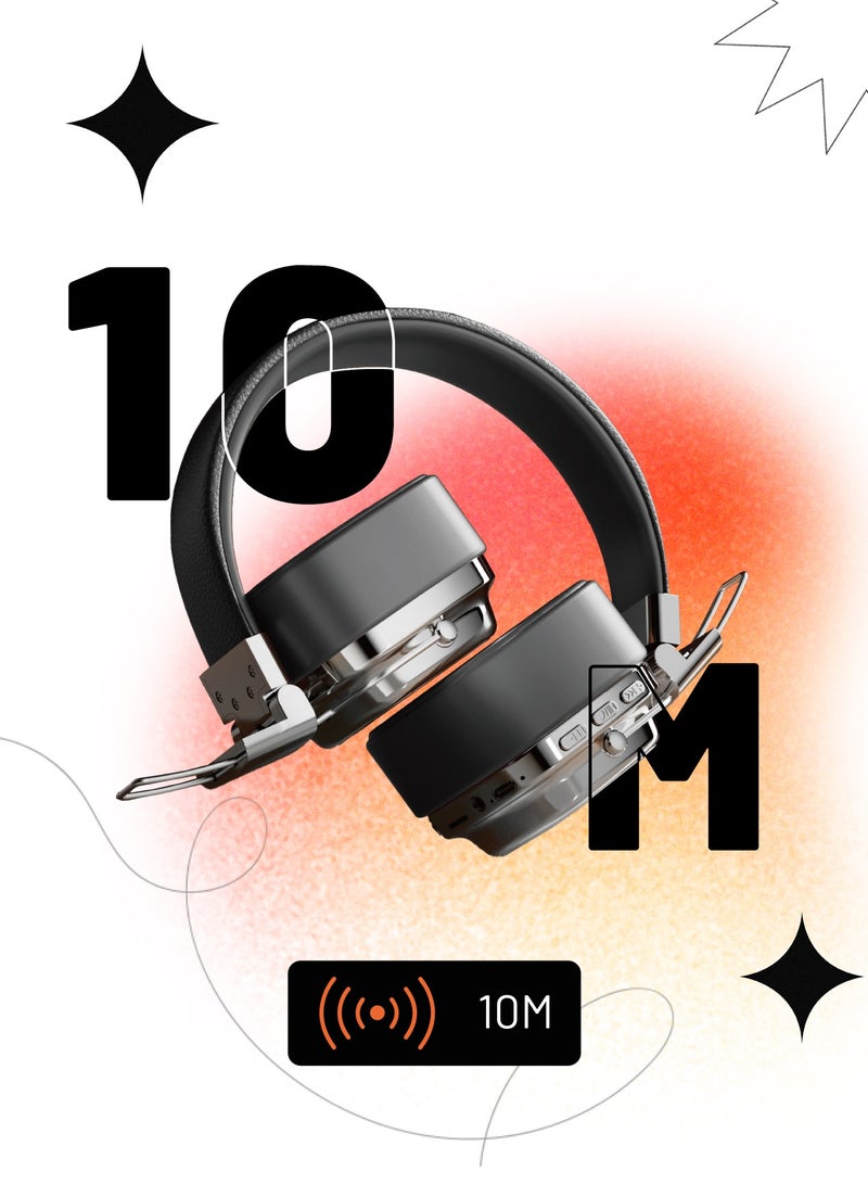 porodo Vintage Wireless ENC Headphone with 13H Talk Time / Micro SD Slot / 3.5mm Audio Jack/ Skin-Friendly Materials / Movies / Music / Skin-Friendly Materials - Black / Silver - Image 3