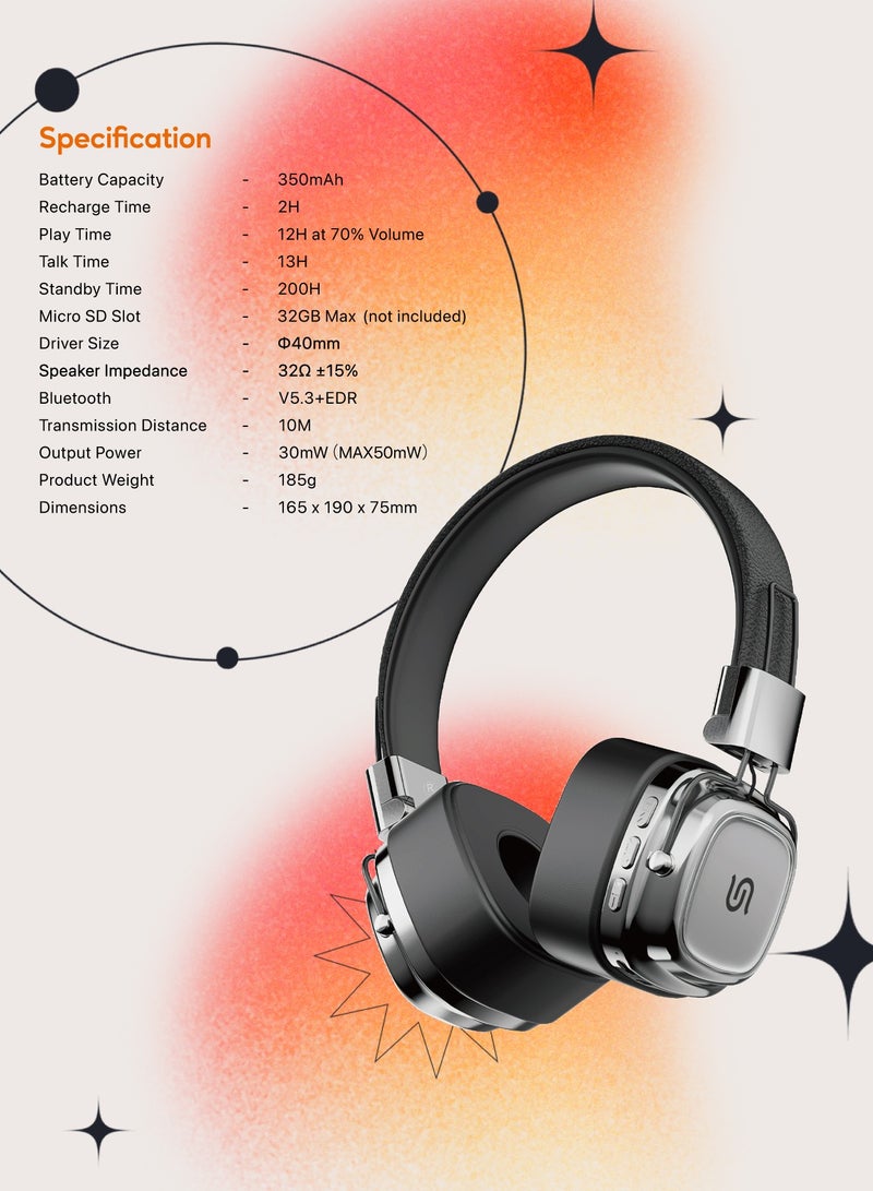 porodo Vintage Wireless ENC Headphone with 13H Talk Time / Micro SD Slot / 3.5mm Audio Jack/ Skin-Friendly Materials / Movies / Music / Skin-Friendly Materials - Black / Silver - Image 5