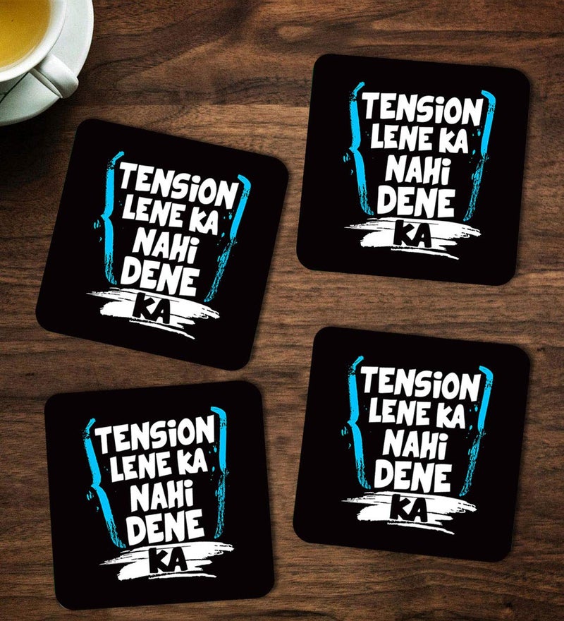 ASHVAH Tension Lene ka nahi Dene ka PrintTypography TeaCoffee MugDesigner Handmade Wooden Coaster Set for Home Kitchen Office Desk Set of 4 Square 10cm