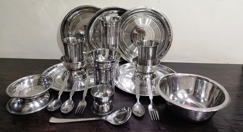 KITCHEN AREna Stainless Steel Dinner Set, 5 Plates, 5 Bowls, 5 Glasses, 3 Spoons, 2 Forks, 2 Chutney Bowls, 2 Halwa Plates, 1 Service Bowl, 1 Service Spoon - Image 2