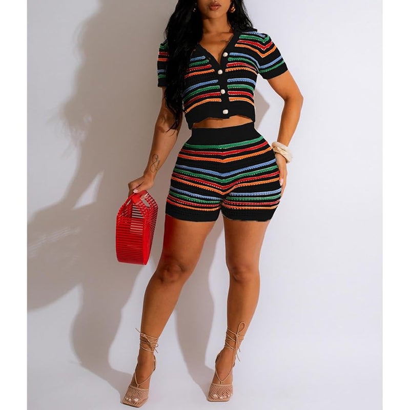 هانماكس Women 2 Piece Sets Summer Outfits Crochet Button Down Shirts Hollow Out See Through Color Block Tracksuit Shorts Sets - Image 3