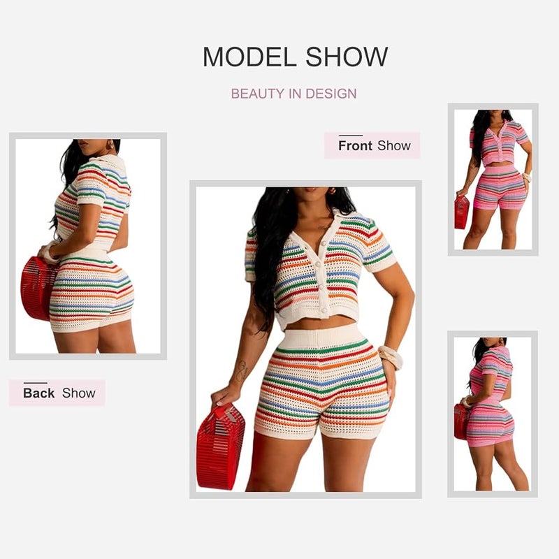 هانماكس Women 2 Piece Sets Summer Outfits Crochet Button Down Shirts Hollow Out See Through Color Block Tracksuit Shorts Sets - Image 4