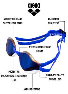 arena Arena Python Racing Swim Goggles for Men and Women, UV Protection, Anti-Fog, Dual Strap, Mirror Lens, Blue Mirror/White  - Image 3
