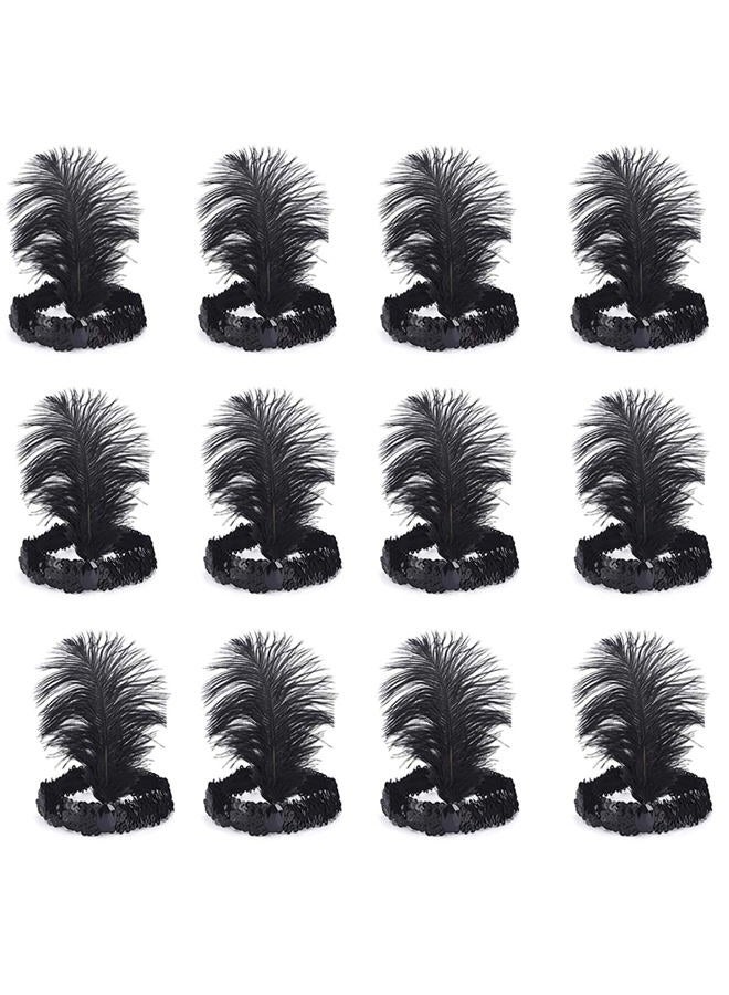 Kaleidoscope Sequins Feather Headpiece 1920s Carnival Party Accessory Party Feather Headband 12pcs (All black)  - Image 1