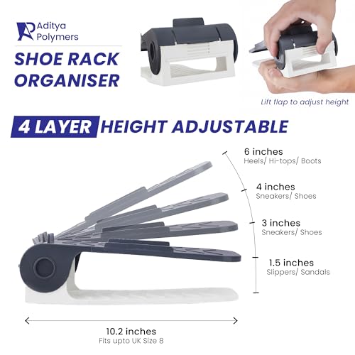 Aditya polymers - Pack of 6 pcs. Adjustable Shoe Organizers/Organiser/Shoe Shelf/Rack/Slots/holders/Space Saver/double deck/layer/Storage Cum Organizer - Grey & White Combo, Plastic - Image 5