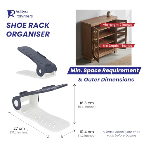 Aditya polymers - Pack of 6 pcs. Adjustable Shoe Organizers/Organiser/Shoe Shelf/Rack/Slots/holders/Space Saver/double deck/layer/Storage Cum Organizer - Grey & White Combo, Plastic - Image 4