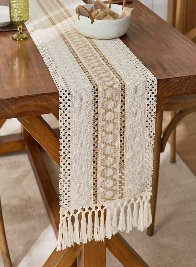 Fving Boho Table Runner for Christmas ,Woven Cream & Brown Macrame Dining Table Runner Pottery Barn Farmhouse Rustic Burlap Home Chic Decor for Kitchen Bedroom Living Room New Year(12 x 70 in) - Image 5