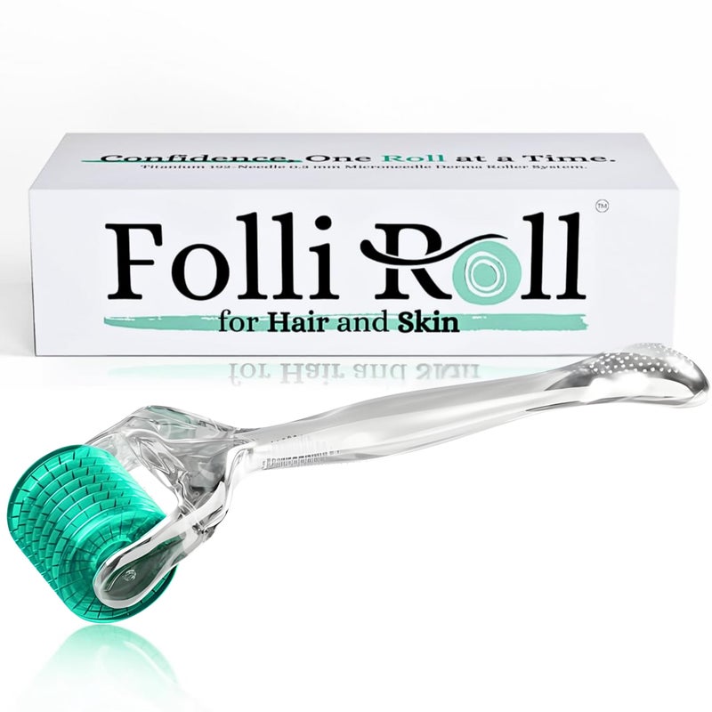 FolliRoll Derma Roller for HAIR and SKIN - for Face and Scalp Derma Stamp, 192 Titanium Individual Microneedles | FREE Storage Case | for Men and Women (0.30mm) - Image 1
