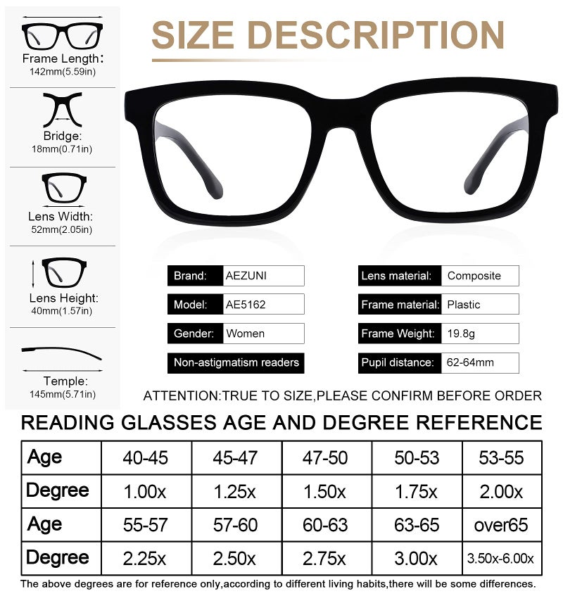 AEZUNI Large Square Reading Glasses Women Trendy Readers 1.0 1.5 2.0 2.5 3.0 3.5 (Black, 1.50) - Image 5