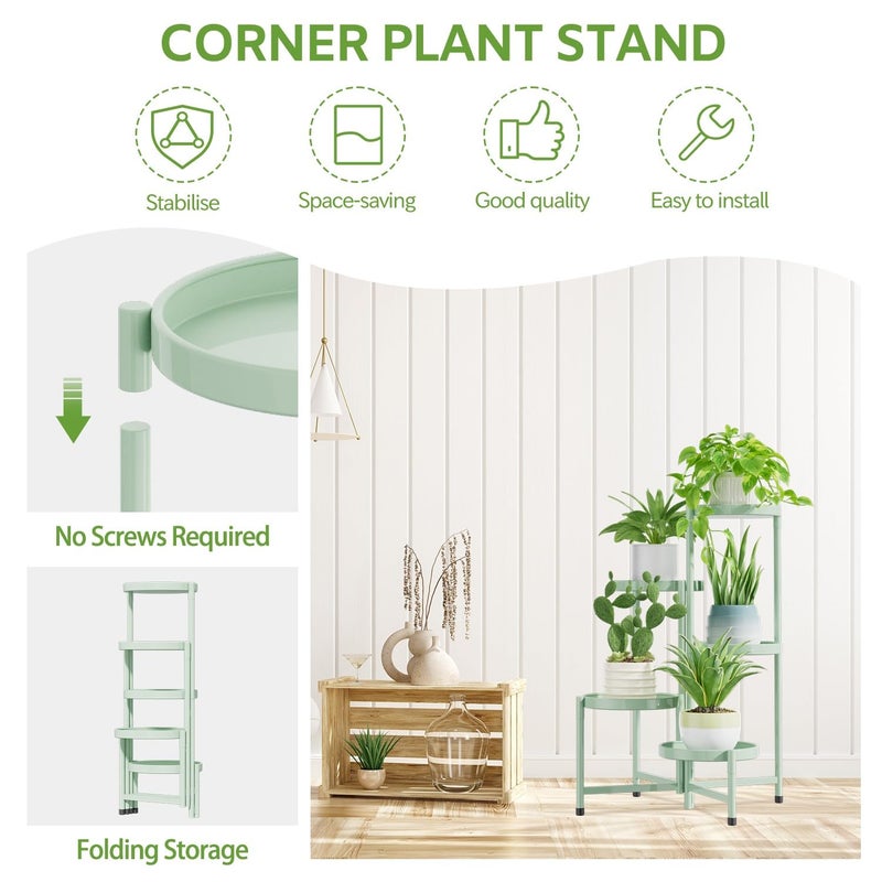 iDavosic.ly 5 Tier Large Plant Stand Indoor, 10 Inch Wide Corner Tall Metal Plant Stands Outdoor for Multiple Plants, Folding Tiered Flower Display Holder Rack Shelf, Light Green - Image 5