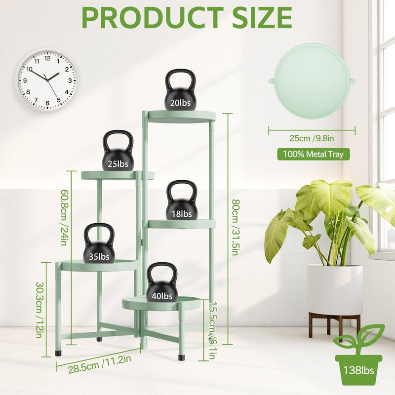 iDavosic.ly 5 Tier Large Plant Stand Indoor, 10 Inch Wide Corner Tall Metal Plant Stands Outdoor for Multiple Plants, Folding Tiered Flower Display Holder Rack Shelf, Light Green - Image 4