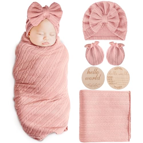 AQOKKA Newborn Receiving Blanket with Bow Hat Mittens Wooden Card Set WheatPattern Newborns Toddler Baby Boy Girl Nursery Swaddle Wrap - Image 1