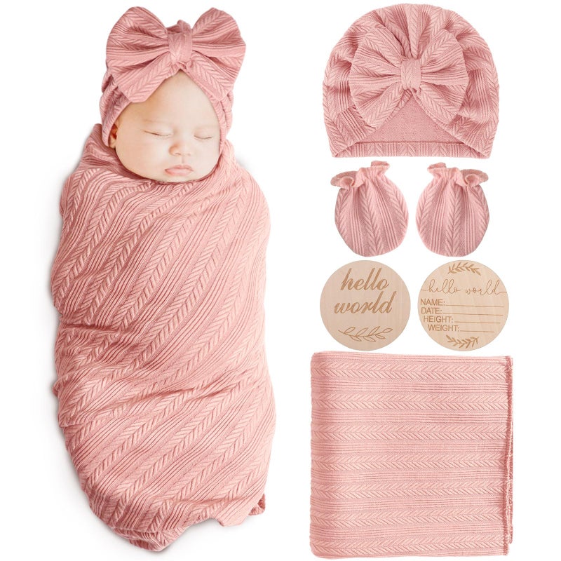 AQOKKA Newborn Receiving Blanket with Bow Hat Mittens Wooden Card Set WheatPattern Newborns Toddler Baby Boy Girl Nursery Swaddle Wrap - Image 2