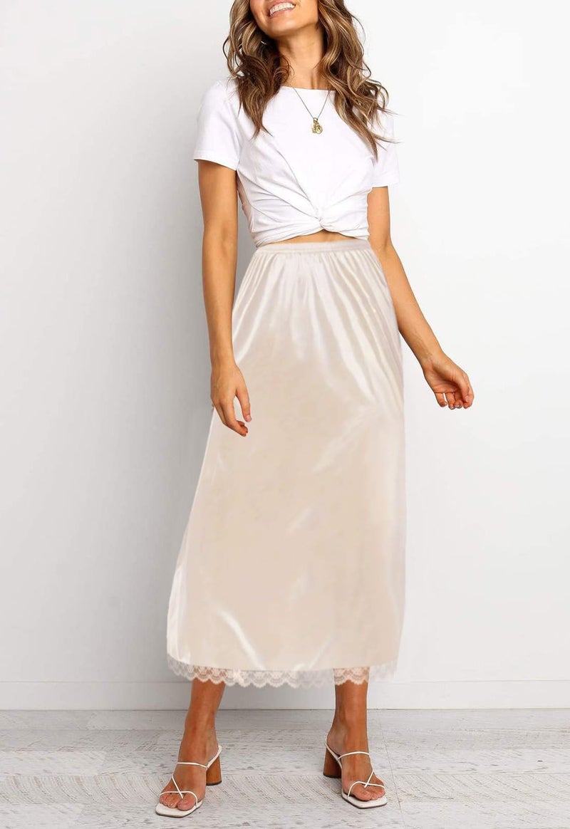 Women's 2 Pieces Lace Half Slips for Under Dresses Satin Long Underskirt - Image 3