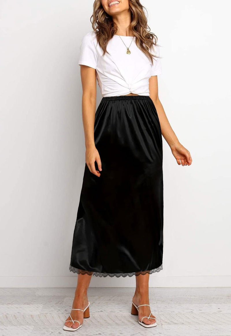 Women's 2 Pieces Lace Half Slips for Under Dresses Satin Long Underskirt - Image 2
