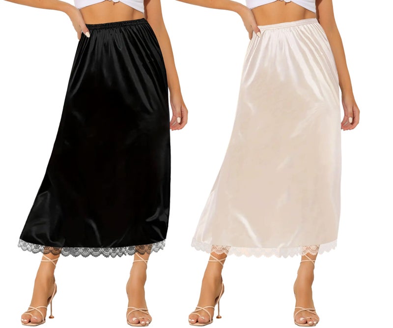Women's 2 Pieces Lace Half Slips for Under Dresses Satin Long Underskirt - Image 1