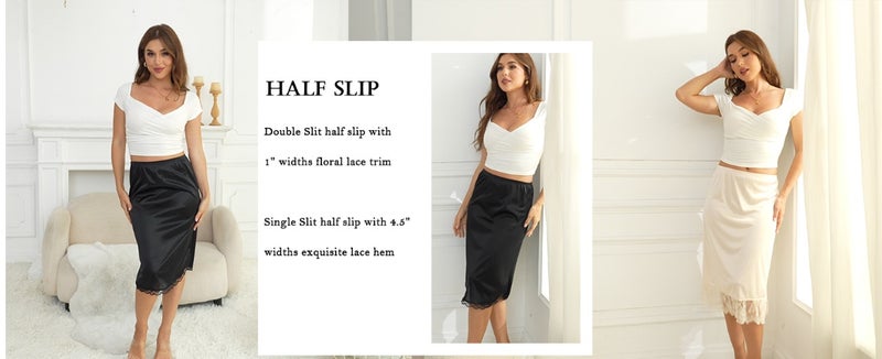 Women's 2 Pieces Lace Half Slips for Under Dresses Satin Long Underskirt - Image 4