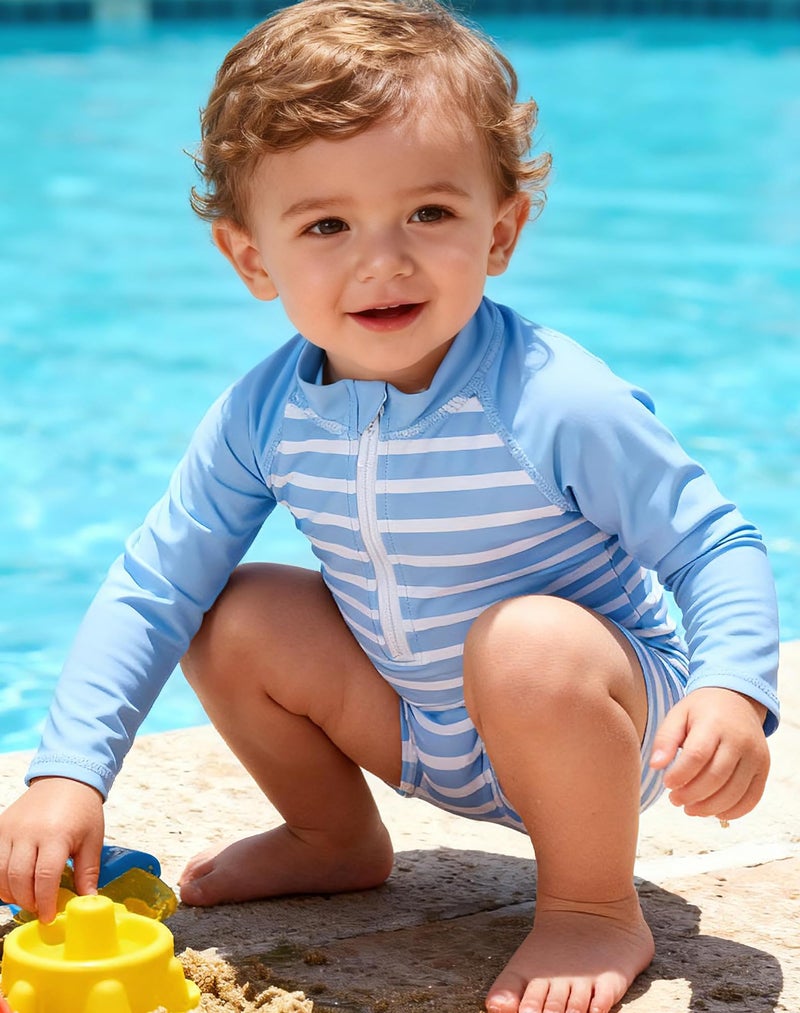 uideazone 6-12 Months Baby Boys and Girls Swimsuit Blue Striped Long Sleeve Sunsuit One Piece Rash Guard Swimwear Swim Suit - Image 2
