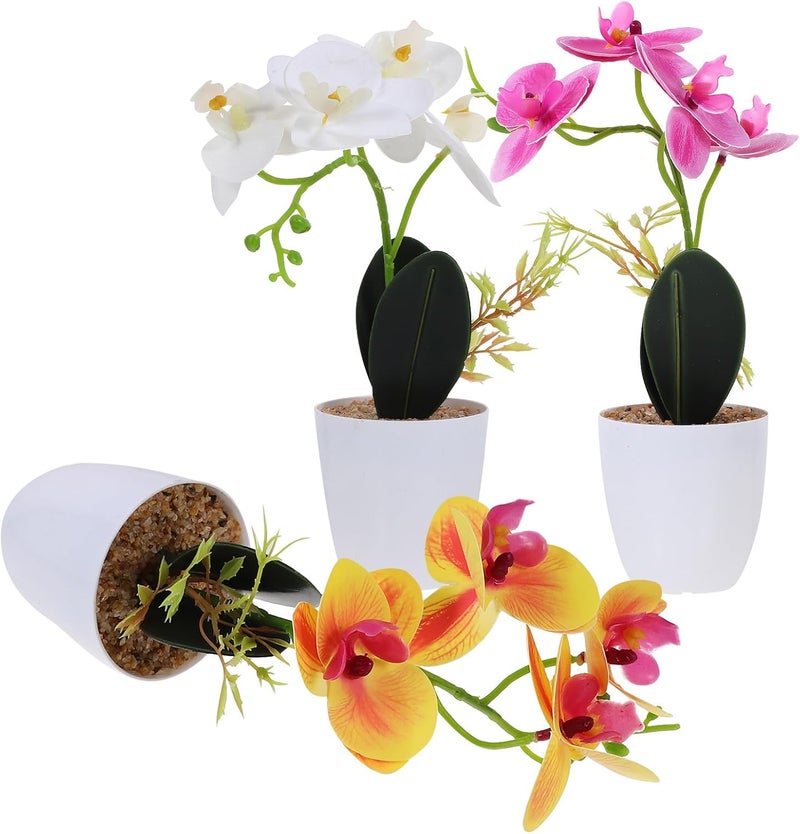 Kichvoe 3pcs Lifelike Faux Orchid Bonsai Artificial Plant in Pot Set, Vivid Small Potted Plant Decoration for Indoor Home and Office, 3D Printed Textured Plastic with Deep Purple, Pale - Image 1
