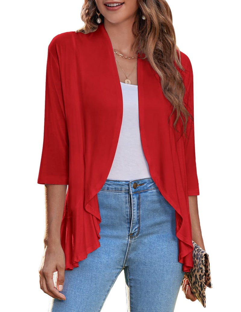 Zeagoo Womens Open Front Cardigan 3/4 Sleeve Draped Ruffles Kimono Soft Knit Sweater, Red, X-Large - Image 1