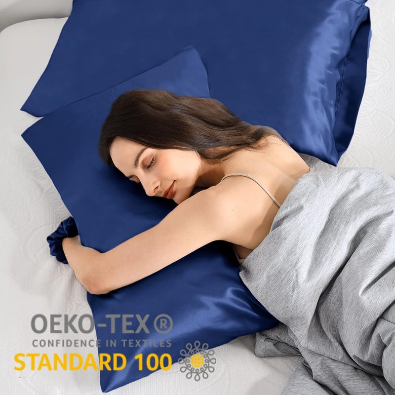 Vielit Pack of 2 Satin Pillowcases 40 x 80 cm, Similar to Silk, Satin Pillowcase Cushion Cover for Hair and Skin (Navy Blue) - Image 2
