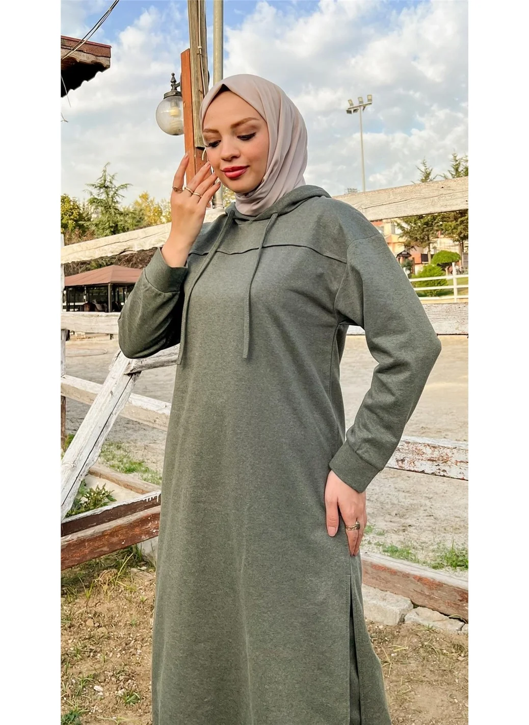 Bwest Long Tunic Hooded Side Slit Double Sports Suit - 3034 - Khaki