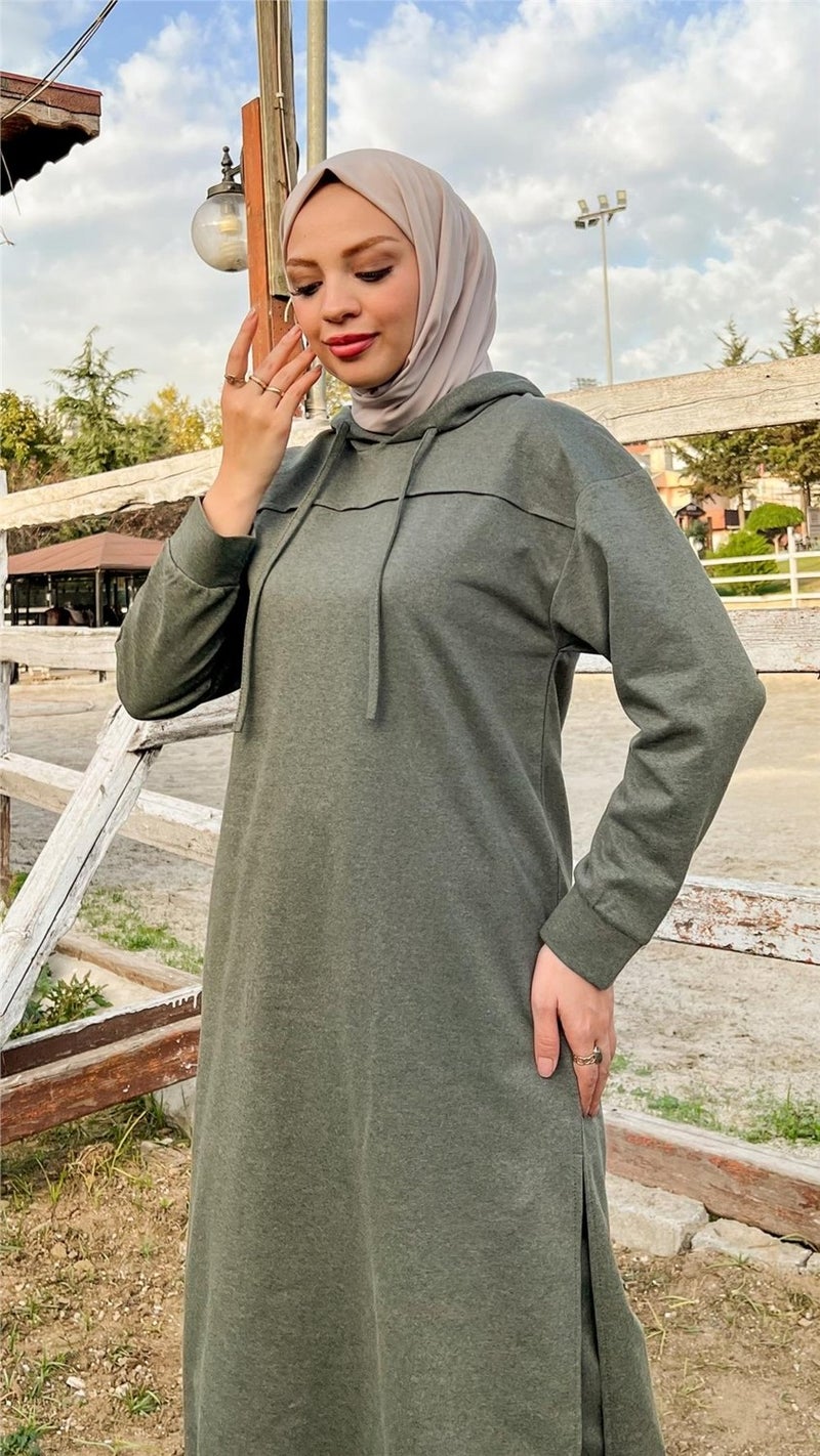 Bwest Long Tunic Hooded Side Slit Double Sports Suit - 3034 - Khaki - Image 2
