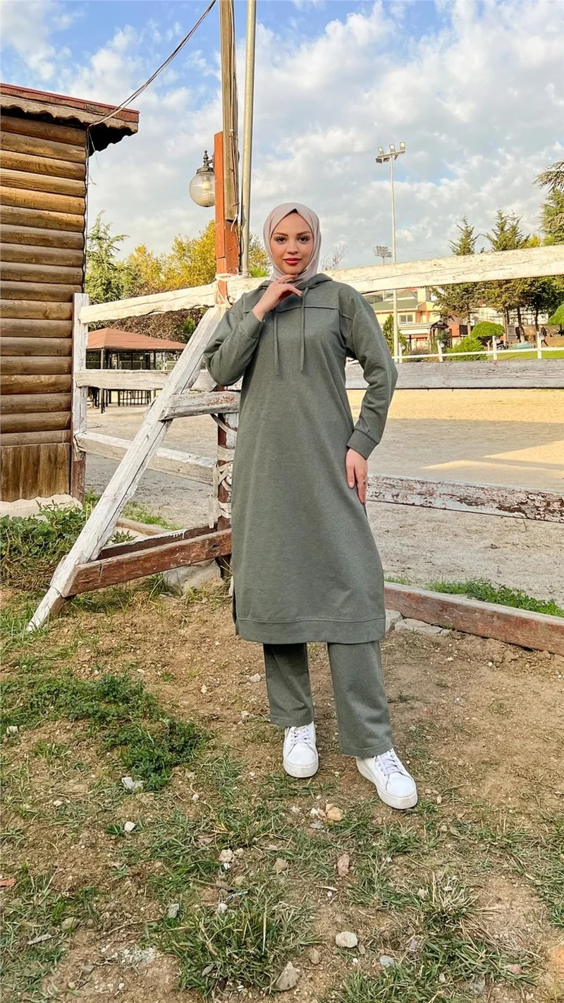 Bwest Long Tunic Hooded Side Slit Double Sports Suit - 3034 - Khaki