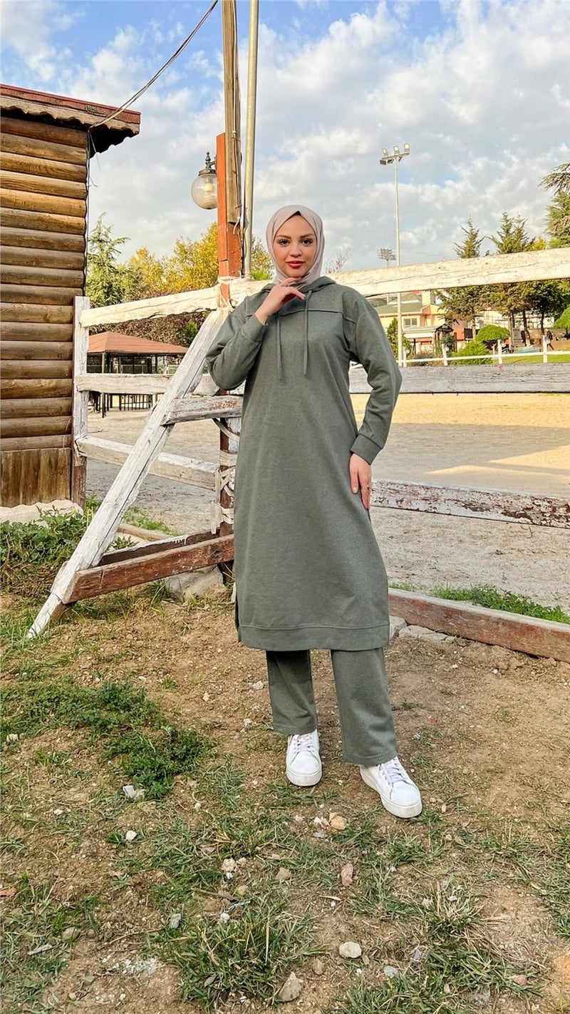 Bwest Long Tunic Hooded Side Slit Double Sports Suit - 3034 - Khaki - Image 5