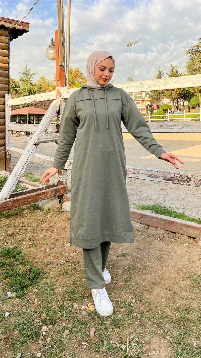 Bwest Long Tunic Hooded Side Slit Double Sports Suit - 3034 - Khaki - Image 4
