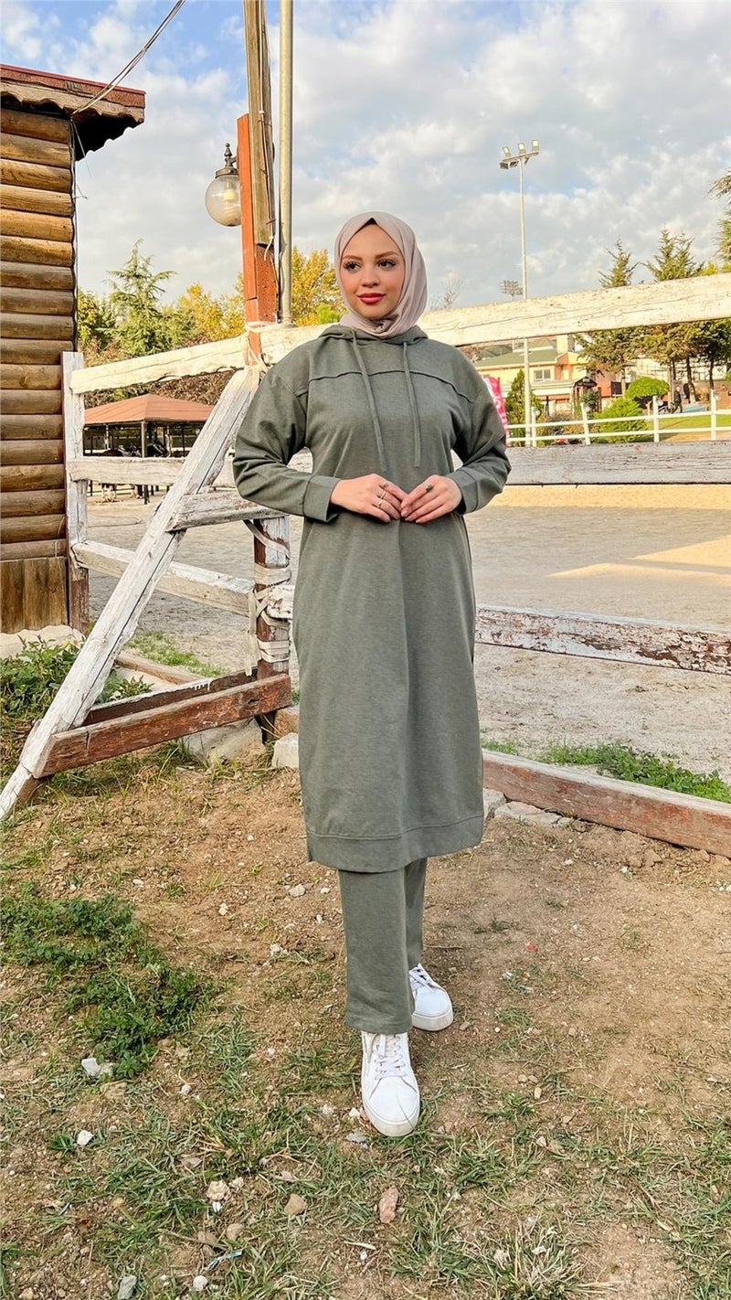 Bwest Long Tunic Hooded Side Slit Double Sports Suit - 3034 - Khaki - Image 3