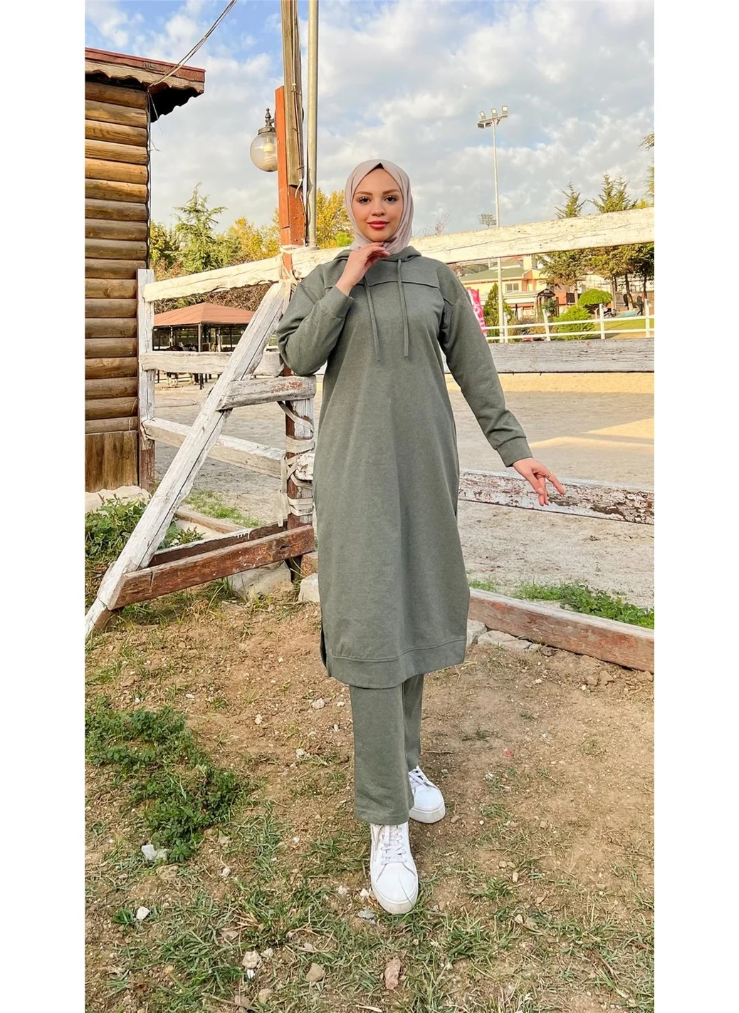 Bwest Long Tunic Hooded Side Slit Double Sports Suit - 3034 - Khaki