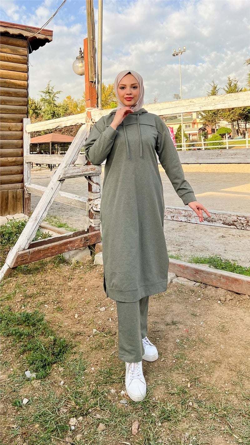 Bwest Long Tunic Hooded Side Slit Double Sports Suit - 3034 - Khaki - Image 1
