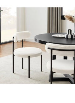 Wooden Twist Wooden Twist Round Upholstered Boucle Dining Room Chair Mid-Century Modern Kitchen Chairs Curved Backrest Chairs for Dining Room Black Metal Legs  - Image 1