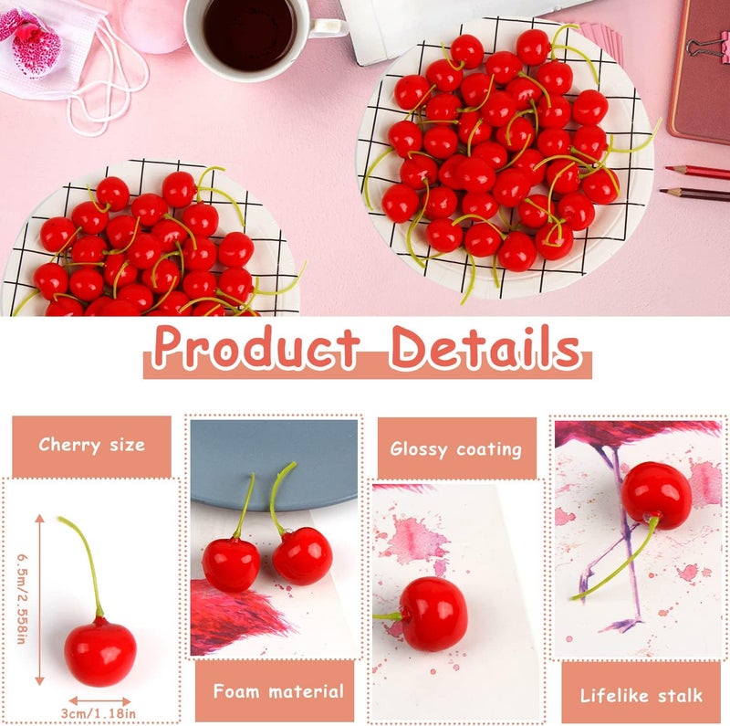 FOIMAS 50pcs Artificial Fruit Cherries,Lifelike Fake Cherry Simulation Decor for Home Decoration Photo Prop Craft Supply - Image 2