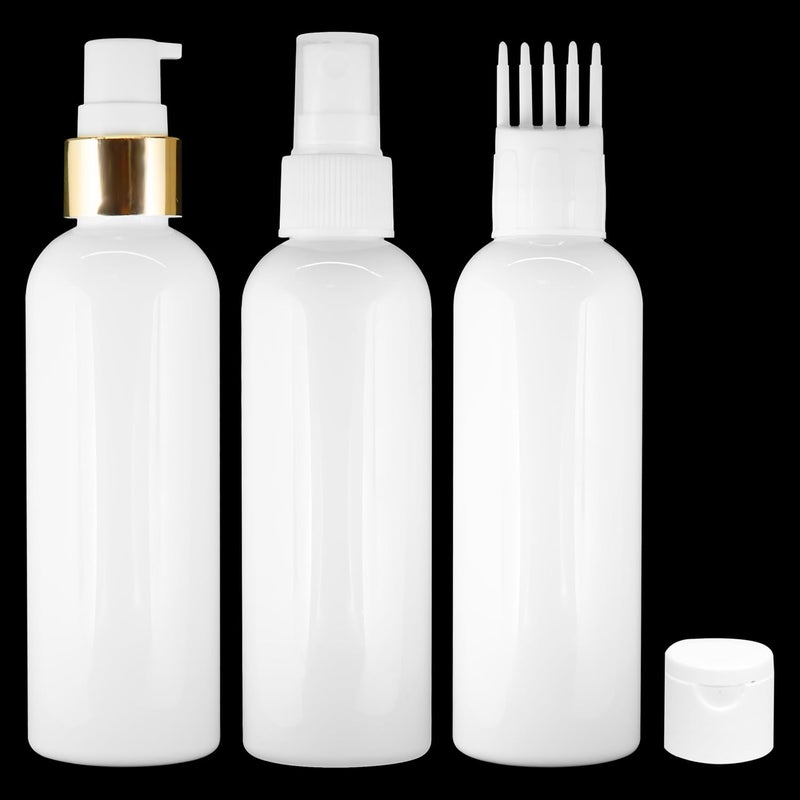 MeeTo 3 Cylindrical Shape Bottle Durable Refillable Containers With 1 Pump Bottles Dispenser, 1 Spray Atomizer, 1 Root Comb Applicator And Filp Top Cap For Perfume, Liquids, Shampoo, Body Soap,White - Image 1