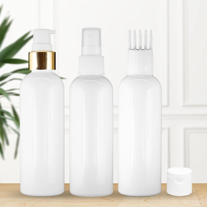 MeeTo 3 Cylindrical Shape Bottle Durable Refillable Containers With 1 Pump Bottles Dispenser, 1 Spray Atomizer, 1 Root Comb Applicator And Filp Top Cap For Perfume, Liquids, Shampoo, Body Soap,White - Image 2