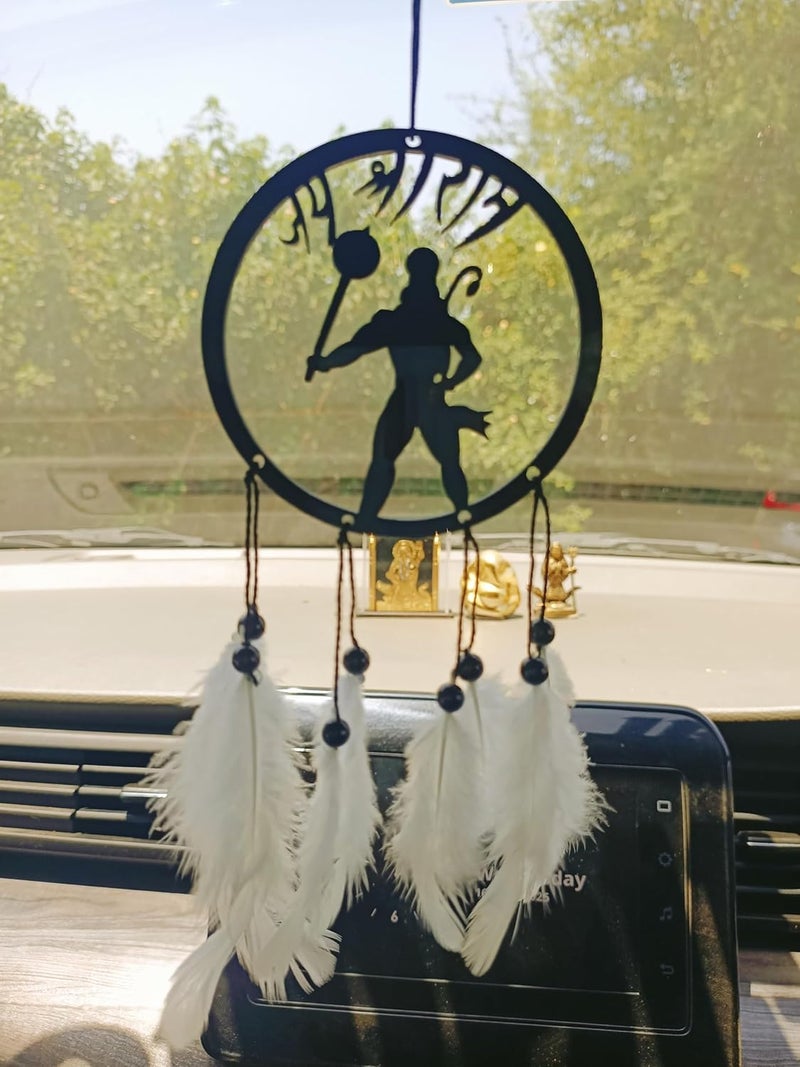 Rukshv Decorative Car Rearview Mirror Hanging with Feathers, Acrylic Spiritual Accessory for Home, Car, Office Interior Decor (Hanumanji) - Image 1