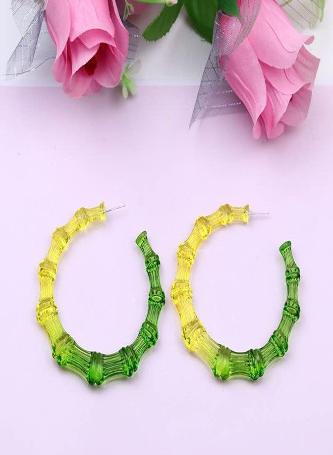 Soyzvteo Colorful Acrylic Bamboo Hoop Earrings - 80s 90s Large Chunky Resin Jewelry for Women - Yellow/Green - Image 2