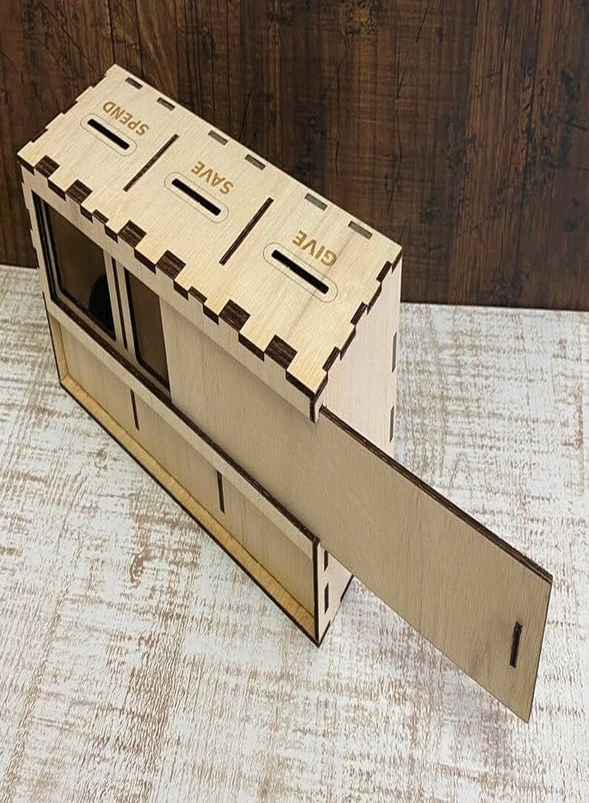 MeeCraft Give Save Spend Coin Box - Wooden Piggy Bank with Labels for Smart Money Habits, 21x9.5x7.5cm, Beige. - Image 3