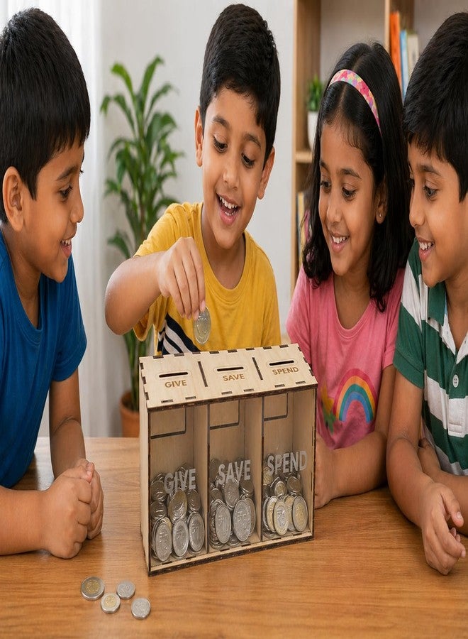MeeCraft Give Save Spend Coin Box - Wooden Piggy Bank with Labels for Smart Money Habits, 21x9.5x7.5cm, Beige. - Image 1