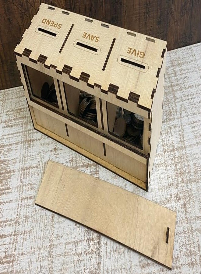 MeeCraft Give Save Spend Coin Box - Wooden Piggy Bank with Labels for Smart Money Habits, 21x9.5x7.5cm, Beige. - Image 2