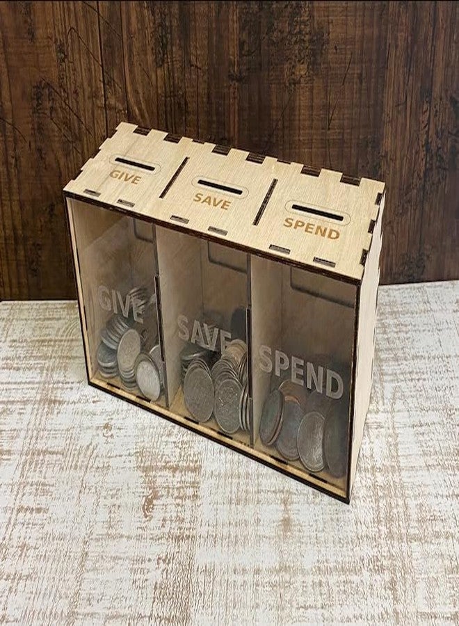 MeeCraft Give Save Spend Coin Box - Wooden Piggy Bank with Labels for Smart Money Habits, 21x9.5x7.5cm, Beige. - Image 5