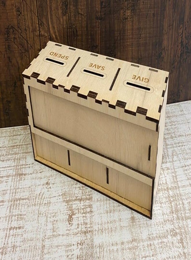 MeeCraft Give Save Spend Coin Box - Wooden Piggy Bank with Labels for Smart Money Habits, 21x9.5x7.5cm, Beige. - Image 4