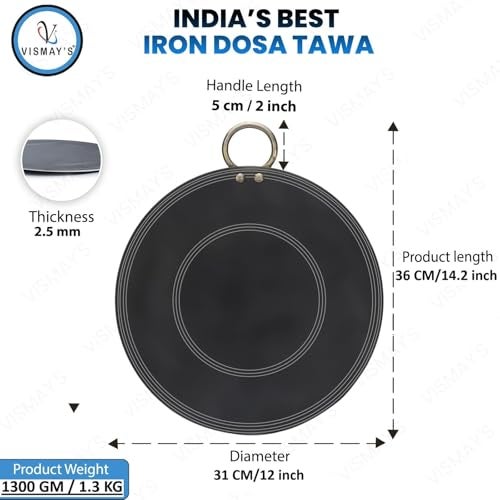 VISMAY'S Pure Iron Strong Riveted Handle Dosa Tawa Uttapam Kallu Tava Thawa with Unique Smooth Edges-First Time in India Metal Spoon Friendly Gas Stove Compatible -12 Inch - Image 3