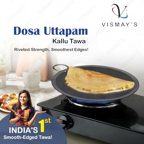 VISMAY'S Pure Iron Strong Riveted Handle Dosa Tawa Uttapam Kallu Tava Thawa with Unique Smooth Edges-First Time in India Metal Spoon Friendly Gas Stove Compatible -12 Inch - Image 5