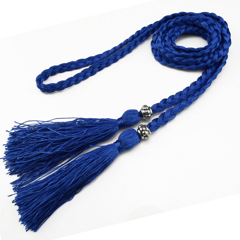 Braided Tassel Belt Ladies Skinny Butterfly Knot Blue 